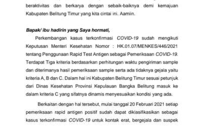 Bertambah 18 Orang, Jumlah Terkonfirmasi Positif COVID-19 di Beltim Jadi 427 Orang